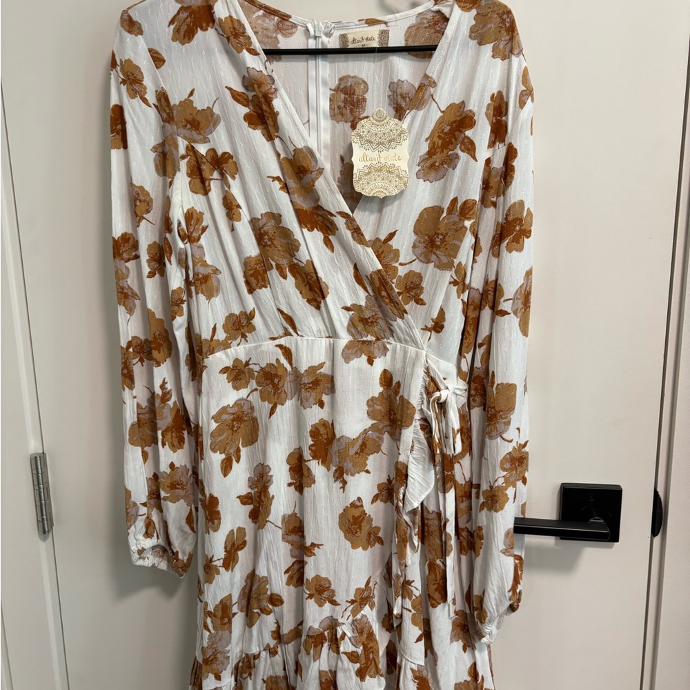 Altar'd State White and Brown Floral Long Sleeve Wrap Dress